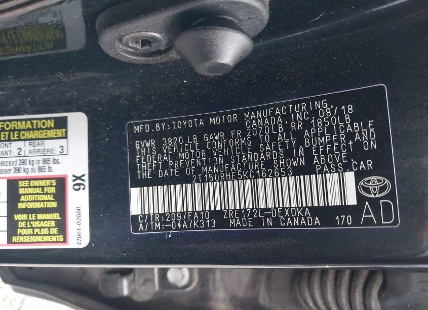 Photo 9 of 2019 Toyota Corolla L (VIN 2T1BURHE5KC162653)