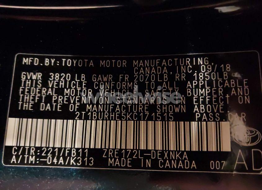 Photo 9 of 2019 Toyota Corolla LE (VIN 2T1BURHE5KC171515)