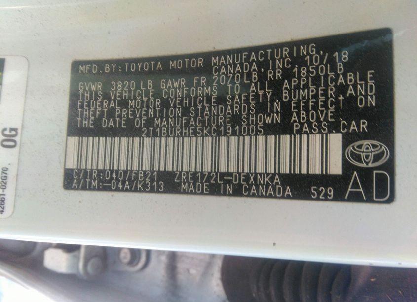 Photo 9 of 2019 Toyota Corolla LE (VIN 2T1BURHE5KC191005)