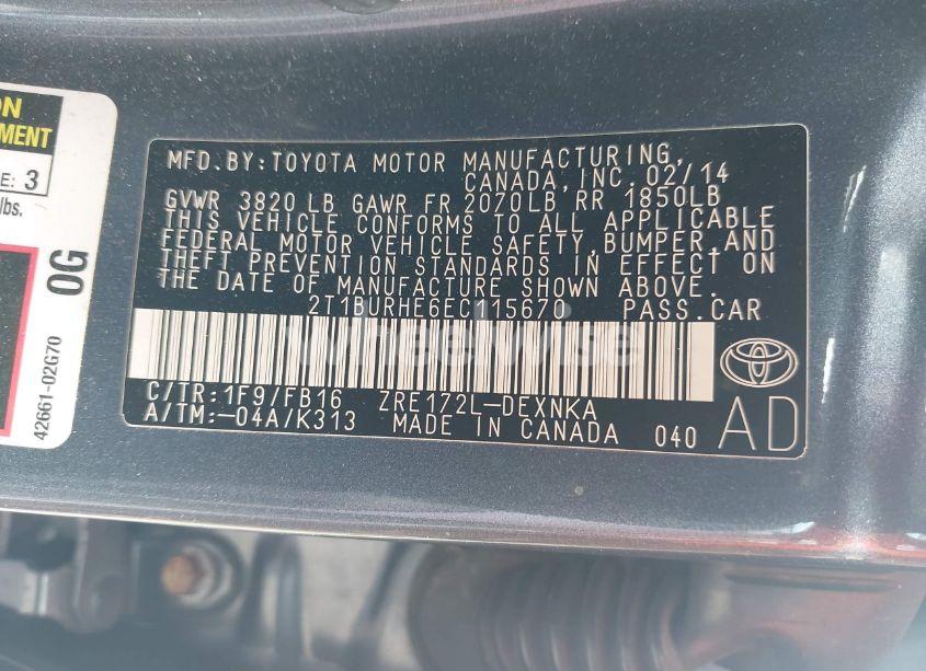 Photo 9 of 2014 Toyota Corolla LE (VIN 2T1BURHE6EC115670)