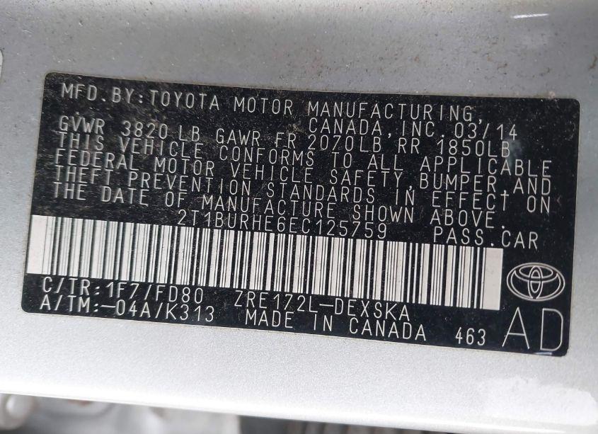 Photo 9 of 2014 Toyota Corolla S PLUS (VIN 2T1BURHE6EC125759)