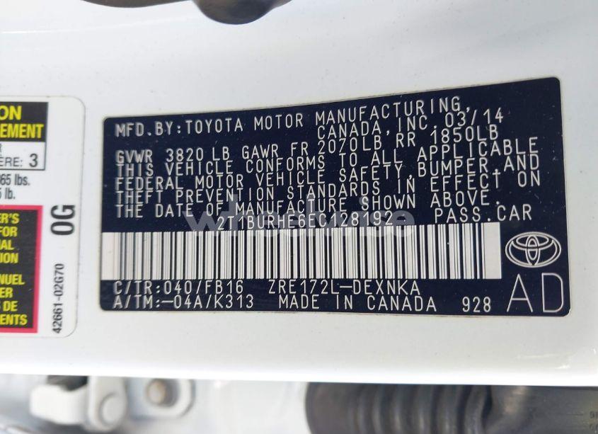 Photo 9 of 2014 Toyota Corolla LE (VIN 2T1BURHE6EC128192)