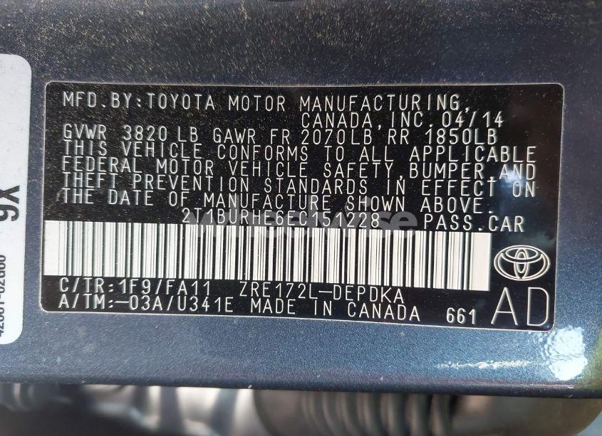 Photo 9 of 2014 Toyota Corolla L/LE/LE PLUS/LE PREMIUM/S/S PLUS/S PREMIUM (VIN 2T1BURHE6EC151228)