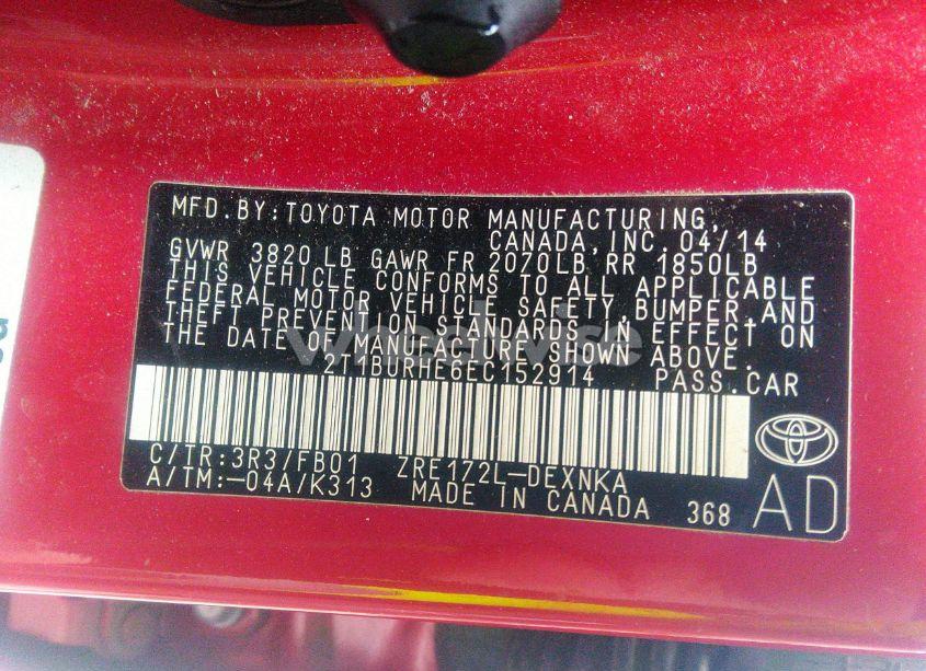 Photo 9 of 2014 Toyota Corolla LE (VIN 2T1BURHE6EC152914)