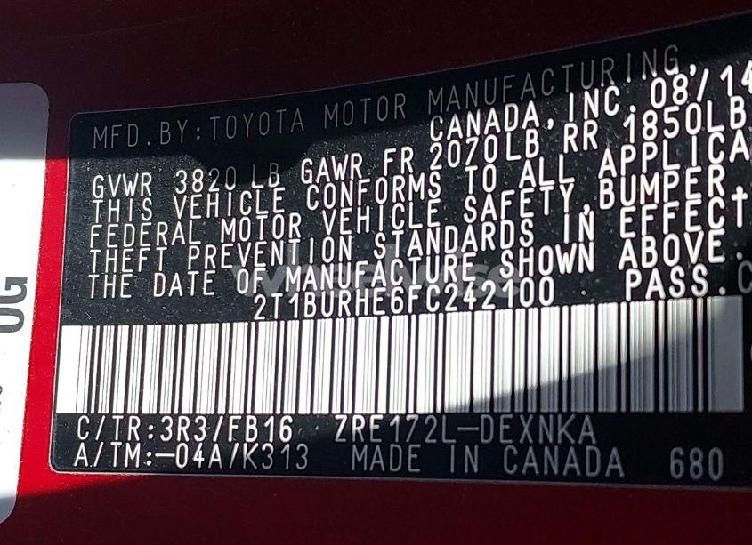 Photo 9 of 2015 Toyota Corolla LE PLUS (VIN 2T1BURHE6FC242100)