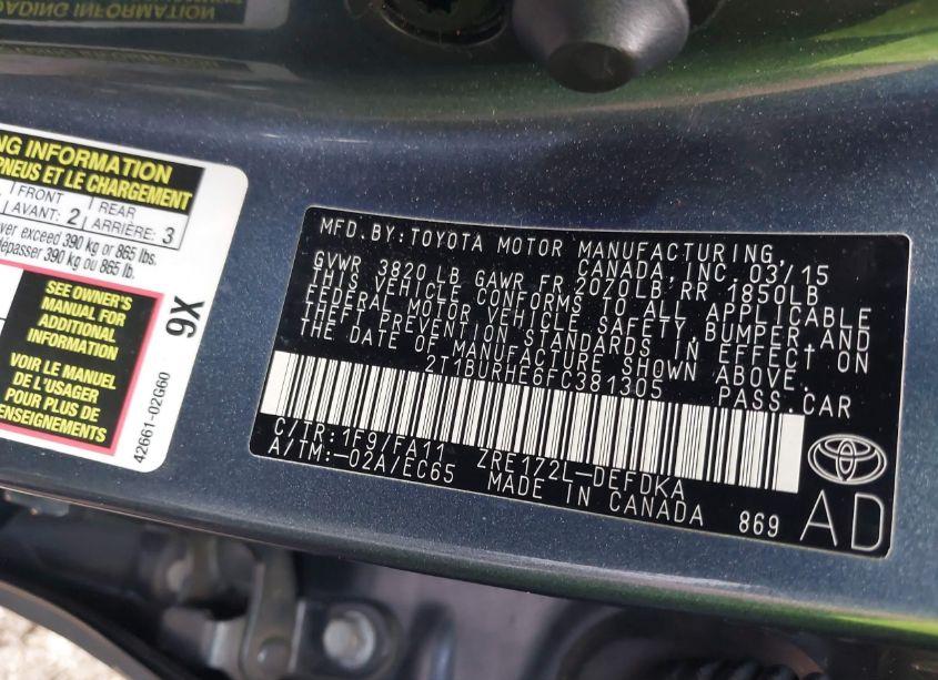 Photo 9 of 2015 Toyota Corolla L (VIN 2T1BURHE6FC381305)