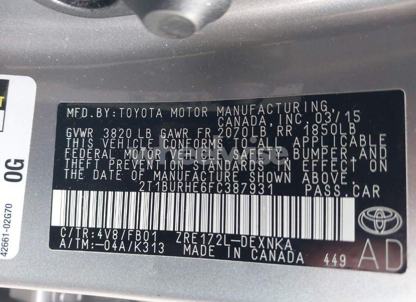 Photo 9 of 2015 Toyota Corolla LE (VIN 2T1BURHE6FC387931)