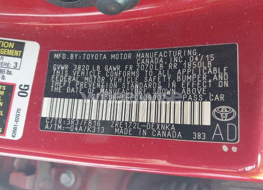 Photo 9 of 2015 Toyota Corolla L/LE/LE PLUS/LE PREMIUM/S/S PLUS/S PREMIUM (VIN 2T1BURHE6FC408907)