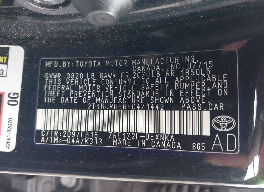 Photo 9 of 2015 Toyota Corolla LE (VIN 2T1BURHE6FC471442)