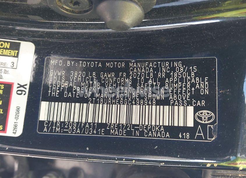 Photo 9 of 2016 Toyota Corolla L (VIN 2T1BURHE6GC498948)