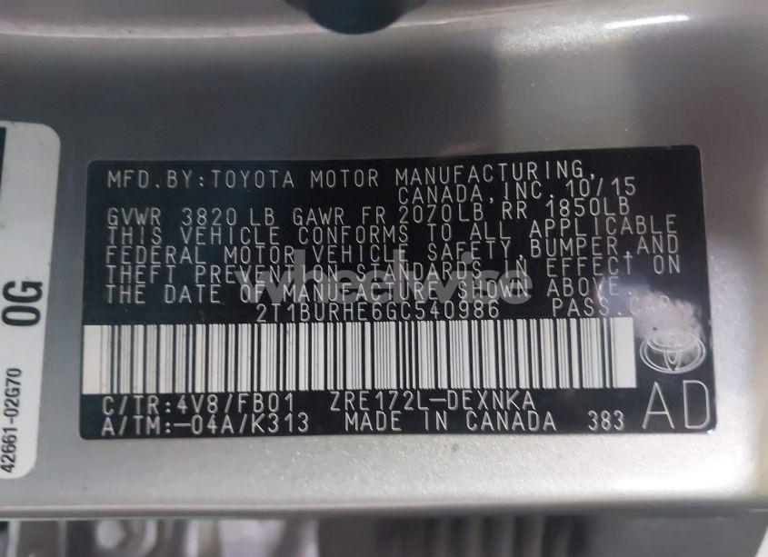 Photo 9 of 2016 Toyota Corolla LE (VIN 2T1BURHE6GC540986)