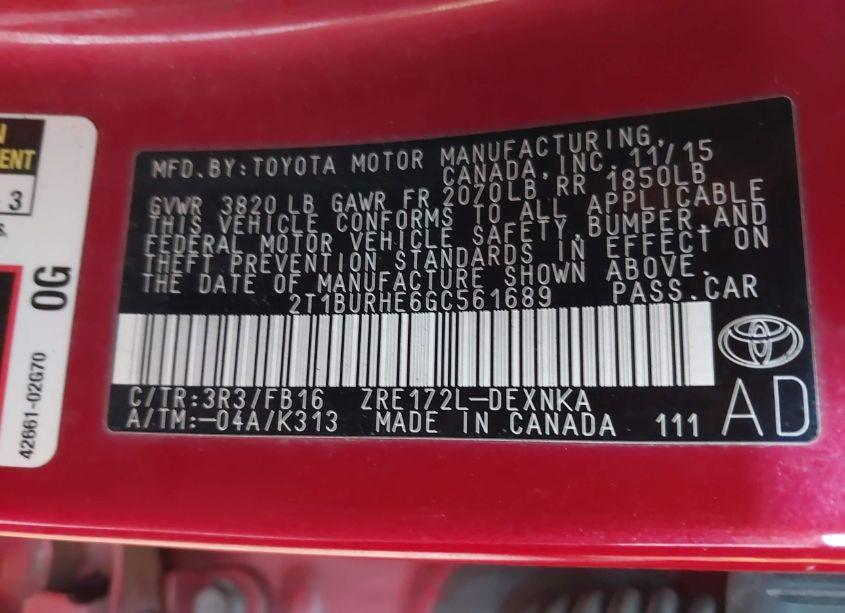 Photo 9 of 2016 Toyota Corolla (VIN 2T1BURHE6GC561689)