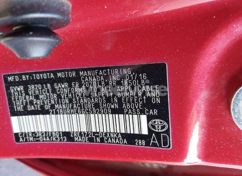 Photo 9 of 2016 Toyota Corolla LE (VIN 2T1BURHE6GC592909)