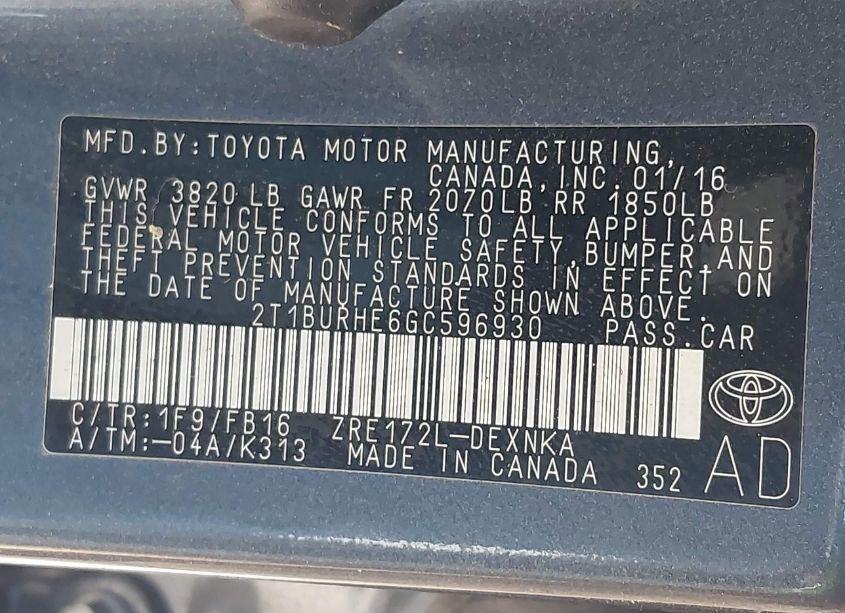 Photo 9 of 2016 Toyota Corolla LE (VIN 2T1BURHE6GC596930)