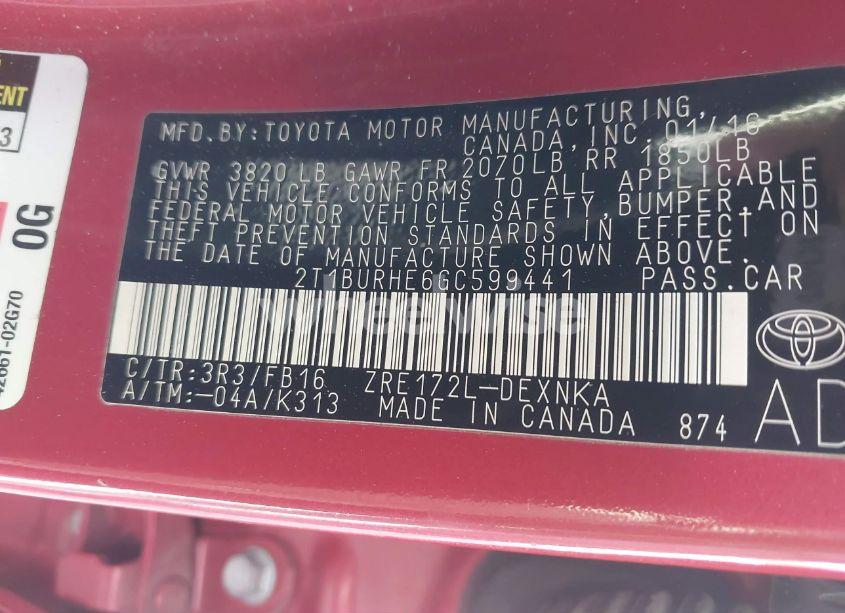 Photo 9 of 2016 Toyota Corolla LE (VIN 2T1BURHE6GC599441)