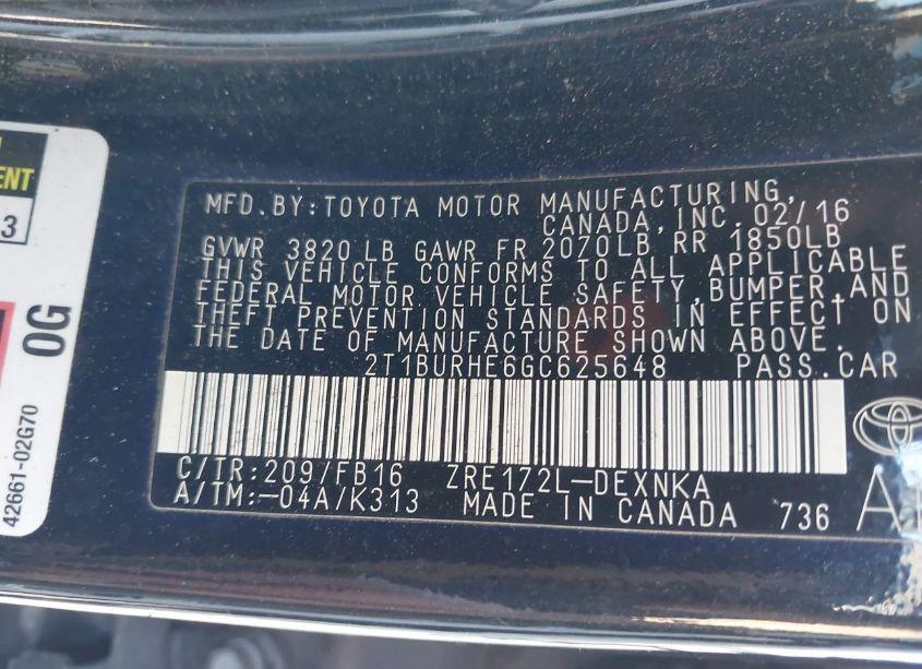 Photo 9 of 2016 Toyota Corolla LE PLUS (VIN 2T1BURHE6GC625648)