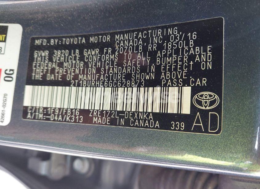 Photo 9 of 2016 Toyota Corolla LE (VIN 2T1BURHE6GC628873)