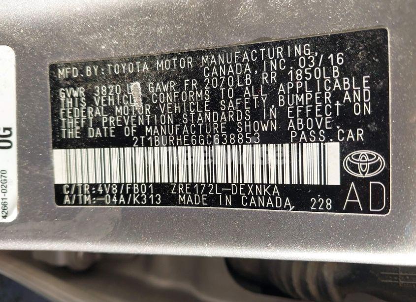 Photo 9 of 2016 Toyota Corolla LE (VIN 2T1BURHE6GC638853)