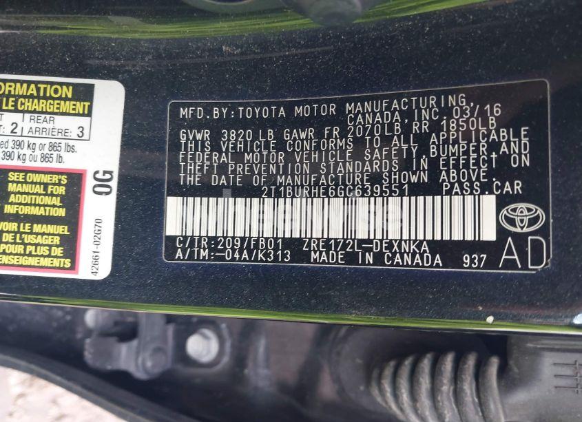 Photo 9 of 2016 Toyota Corolla LE (VIN 2T1BURHE6GC639551)