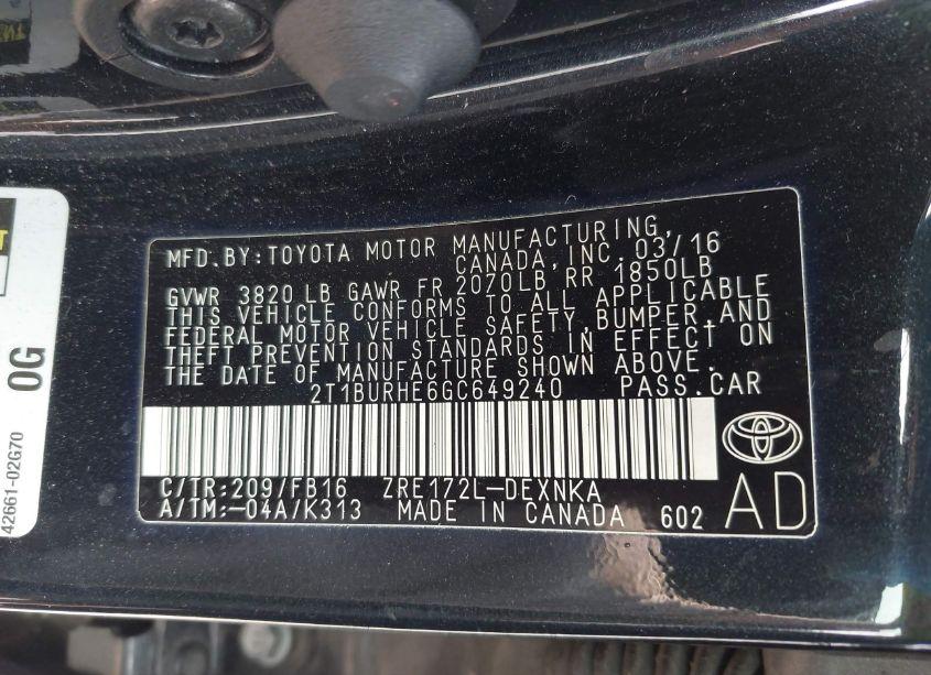 Photo 9 of 2016 Toyota Corolla LE (VIN 2T1BURHE6GC649240)