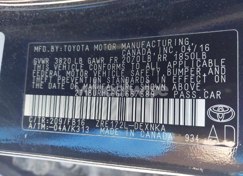 Photo 9 of 2016 Toyota Corolla LE (VIN 2T1BURHE6GC667589)