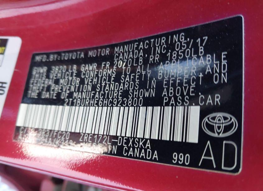 Photo 9 of 2017 Toyota Corolla SE (VIN 2T1BURHE6HC923800)