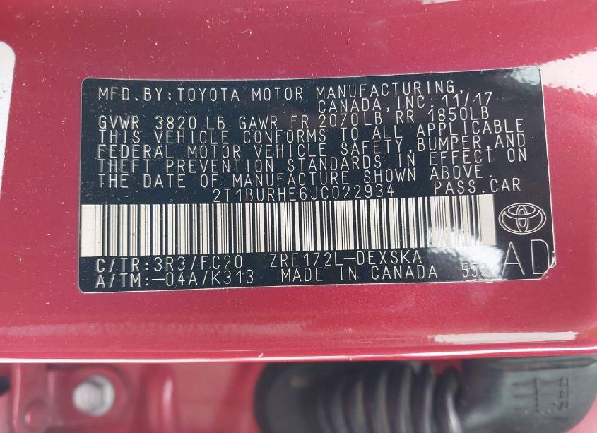 Photo 9 of 2018 Toyota Corolla SE (VIN 2T1BURHE6JC022934)