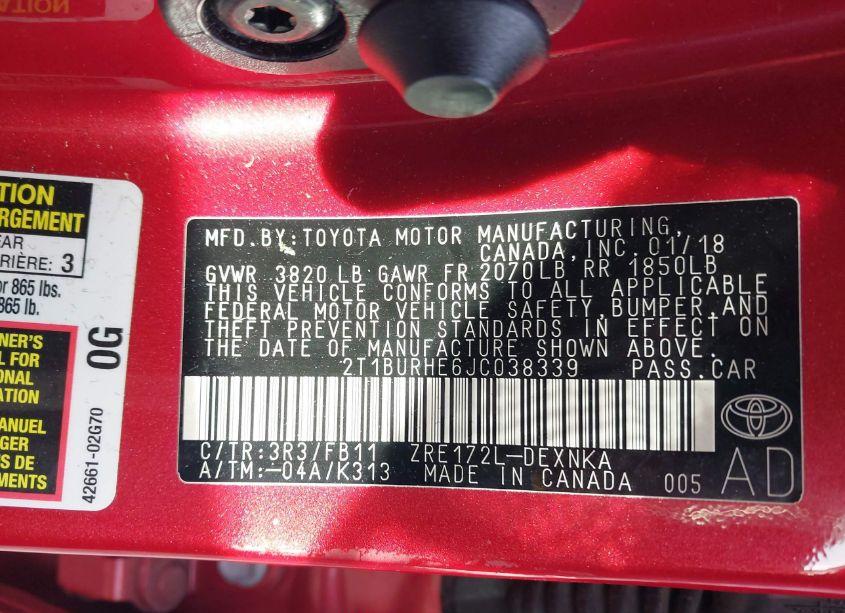 Photo 9 of 2018 Toyota Corolla LE (VIN 2T1BURHE6JC038339)