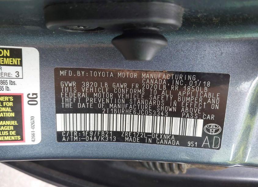 Photo 9 of 2018 Toyota Corolla LE (VIN 2T1BURHE6JC053343)