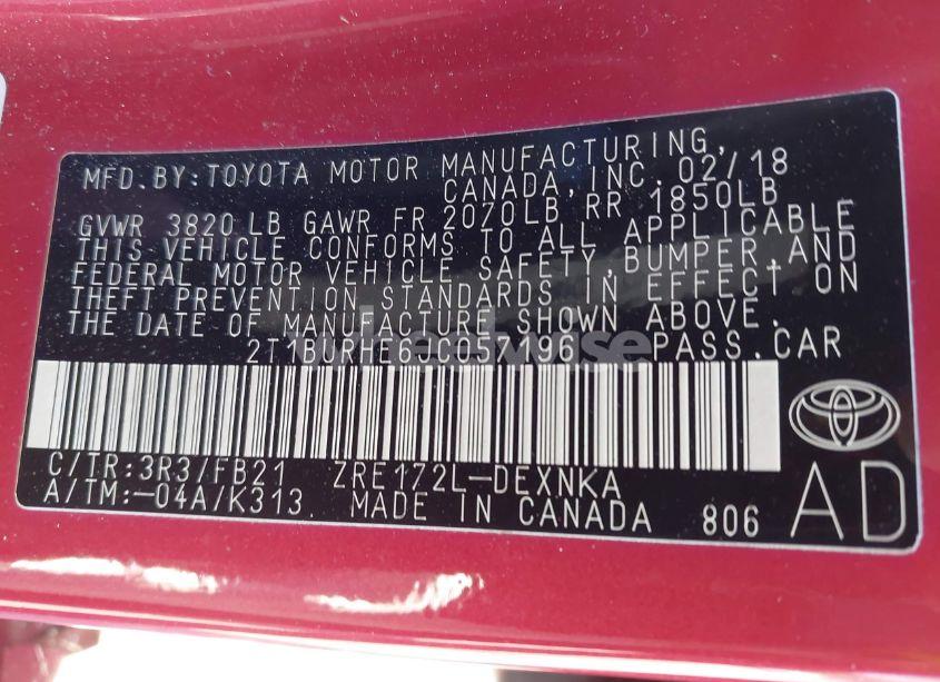 Photo 9 of 2018 Toyota Corolla LE (VIN 2T1BURHE6JC057196)