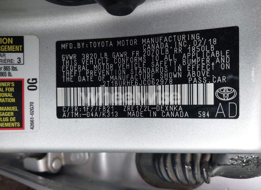 Photo 9 of 2018 Toyota Corolla LE (VIN 2T1BURHE6JC062978)