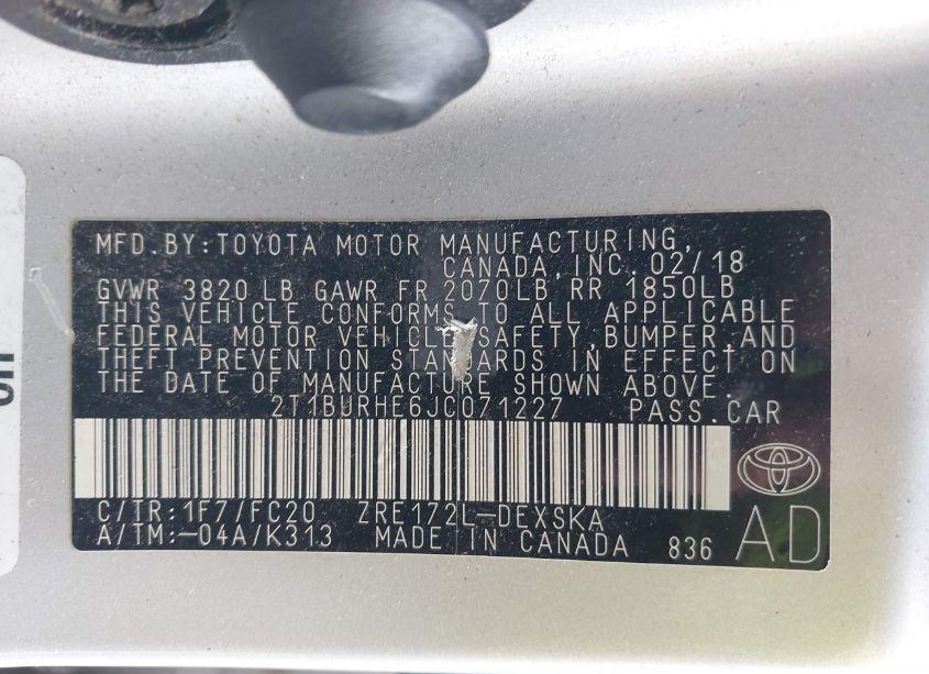 Photo 9 of 2018 Toyota Corolla SE (VIN 2T1BURHE6JC071227)