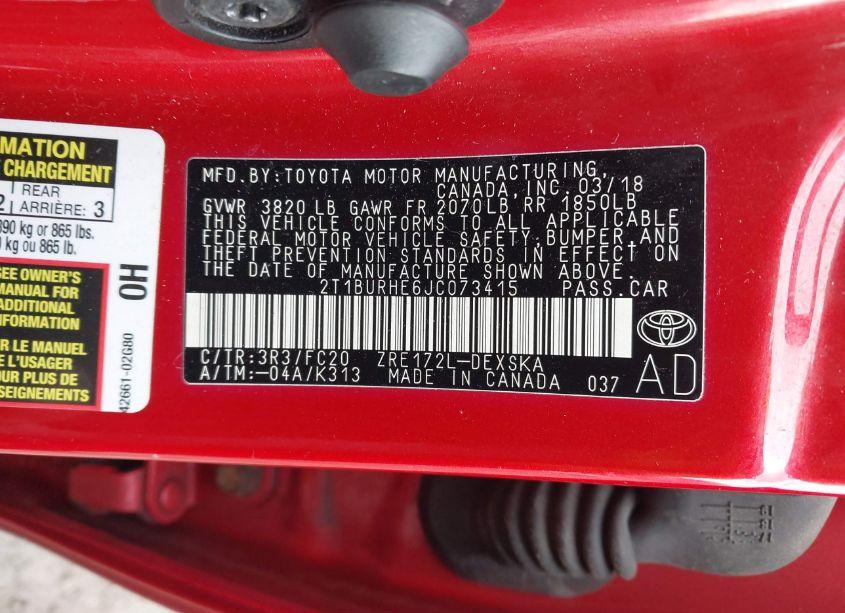 Photo 9 of 2018 Toyota Corolla SE (VIN 2T1BURHE6JC073415)