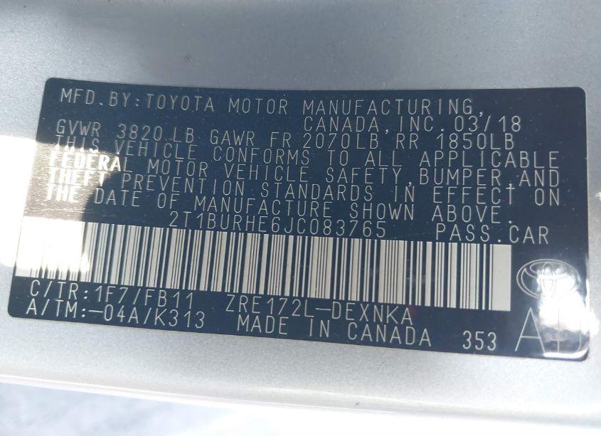 Photo 9 of 2018 Toyota Corolla LE (VIN 2T1BURHE6JC083765)