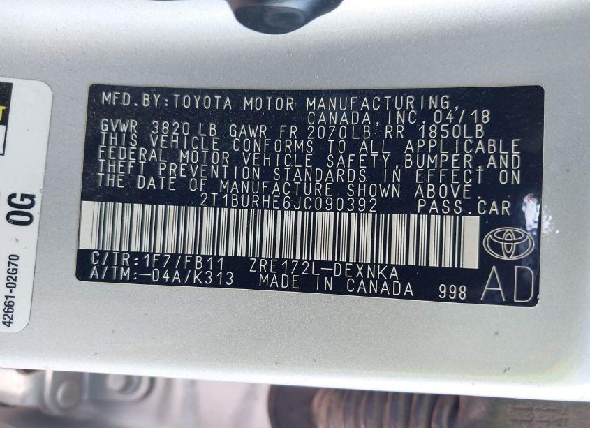 Photo 9 of 2018 Toyota Corolla LE (VIN 2T1BURHE6JC090392)