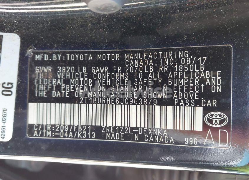 Photo 9 of 2018 Toyota Corolla L/LE/SE/XLE/XSE (VIN 2T1BURHE6JC963879)