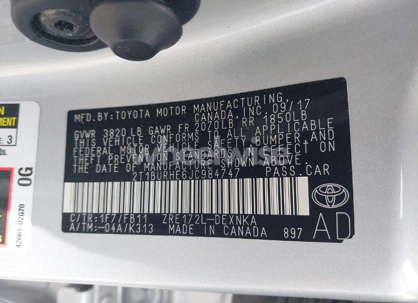 Photo 9 of 2018 Toyota Corolla LE (VIN 2T1BURHE6JC984747)