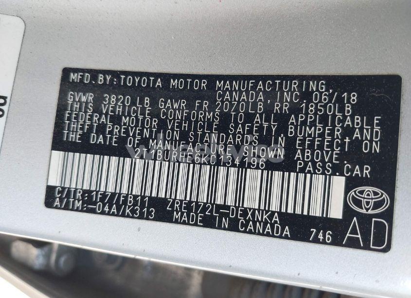 Photo 9 of 2019 Toyota Corolla LE (VIN 2T1BURHE6KC134196)