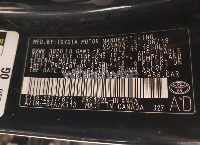 Photo 9 of 2019 Toyota Corolla LE (VIN 2T1BURHE6KC135767)