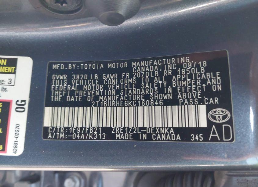 Photo 9 of 2019 Toyota Corolla LE (VIN 2T1BURHE6KC160846)