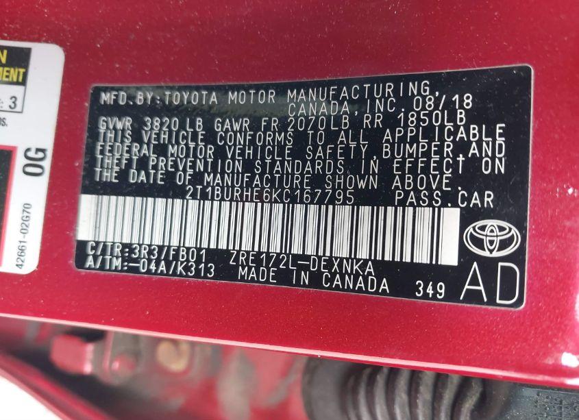 Photo 9 of 2019 Toyota Corolla LE (VIN 2T1BURHE6KC167795)