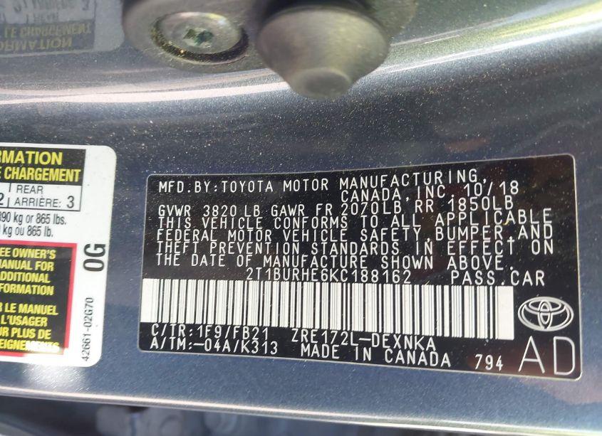 Photo 9 of 2019 Toyota Corolla LE (VIN 2T1BURHE6KC188162)