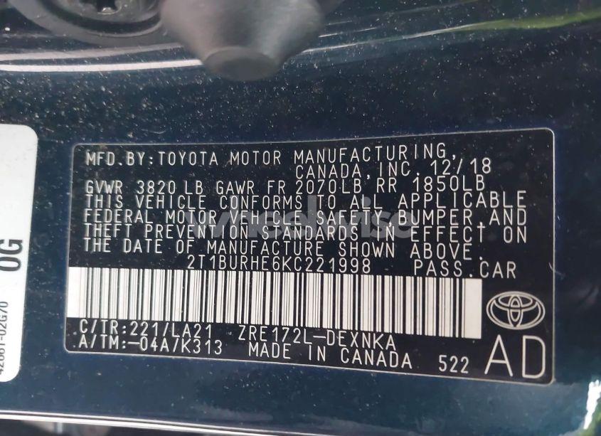 Photo 9 of 2019 Toyota Corolla XLE (VIN 2T1BURHE6KC221998)