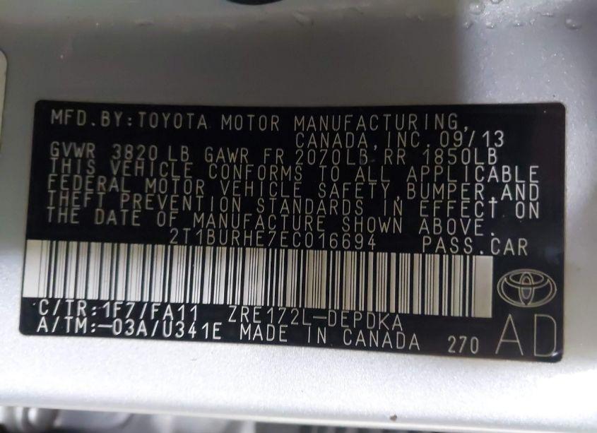 Photo 9 of 2014 Toyota Corolla L (VIN 2T1BURHE7EC016694)
