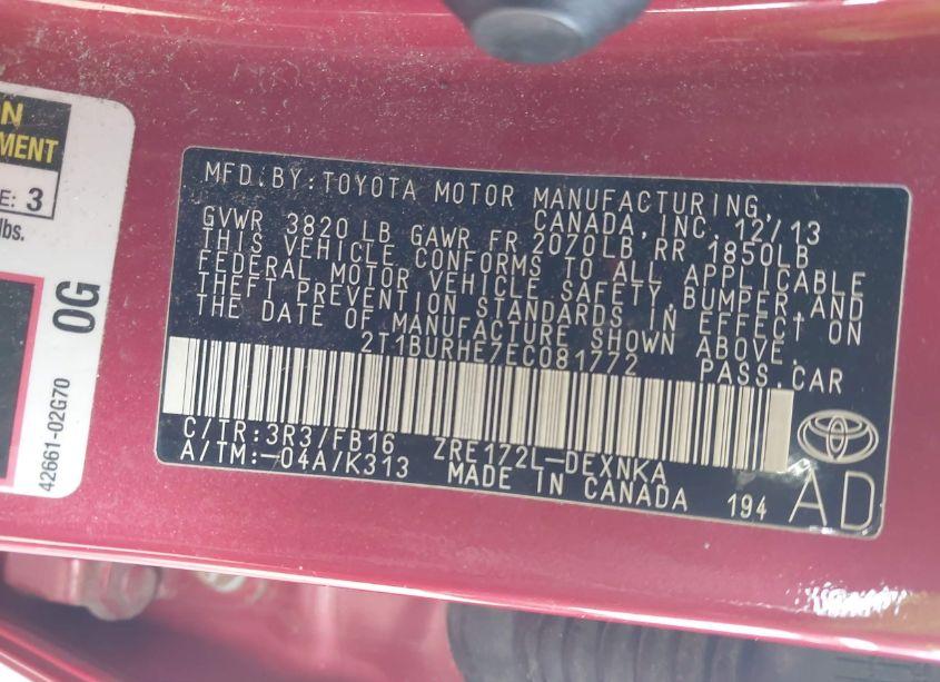 Photo 9 of 2014 Toyota Corolla LE (VIN 2T1BURHE7EC081772)