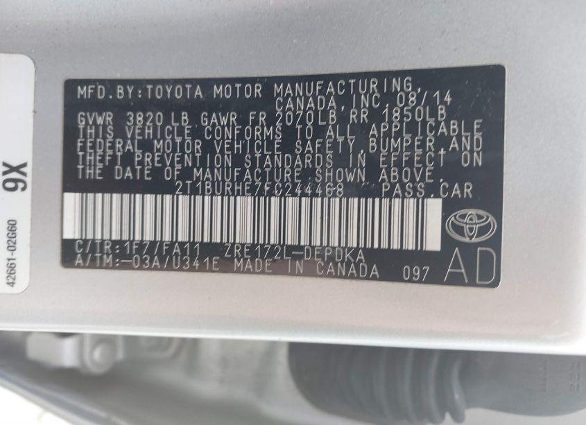 Photo 9 of 2015 Toyota Corolla L (VIN 2T1BURHE7FC244468)