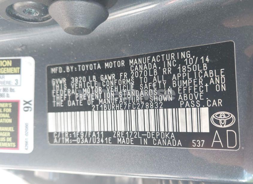 Photo 9 of 2015 Toyota Corolla L (VIN 2T1BURHE7FC278832)