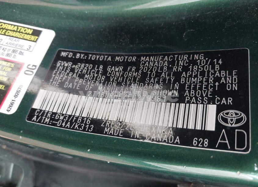 Photo 9 of 2015 Toyota Corolla LE PLUS (VIN 2T1BURHE7FC279981)