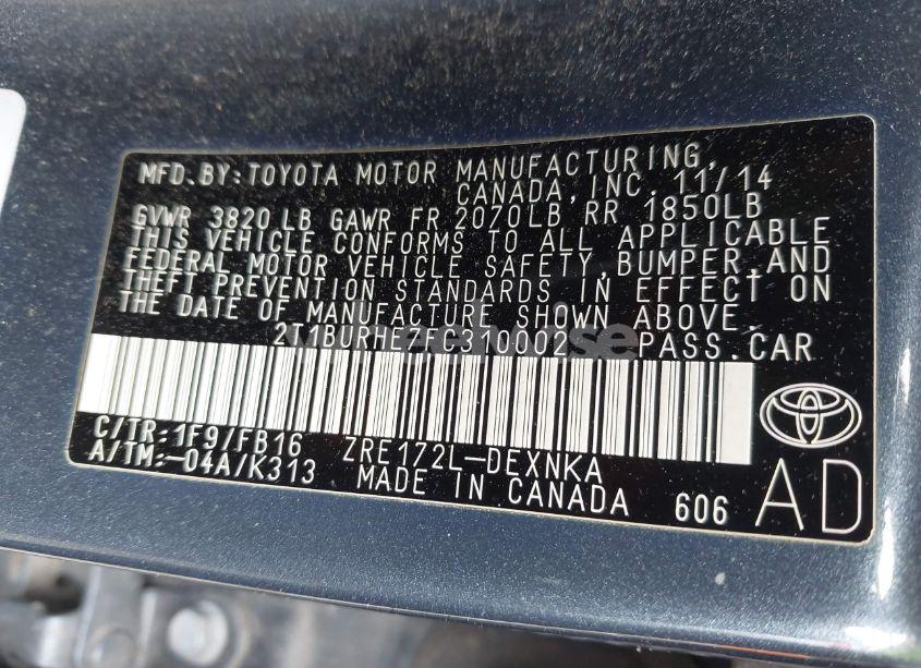 Photo 9 of 2015 Toyota Corolla LE (VIN 2T1BURHE7FC310002)