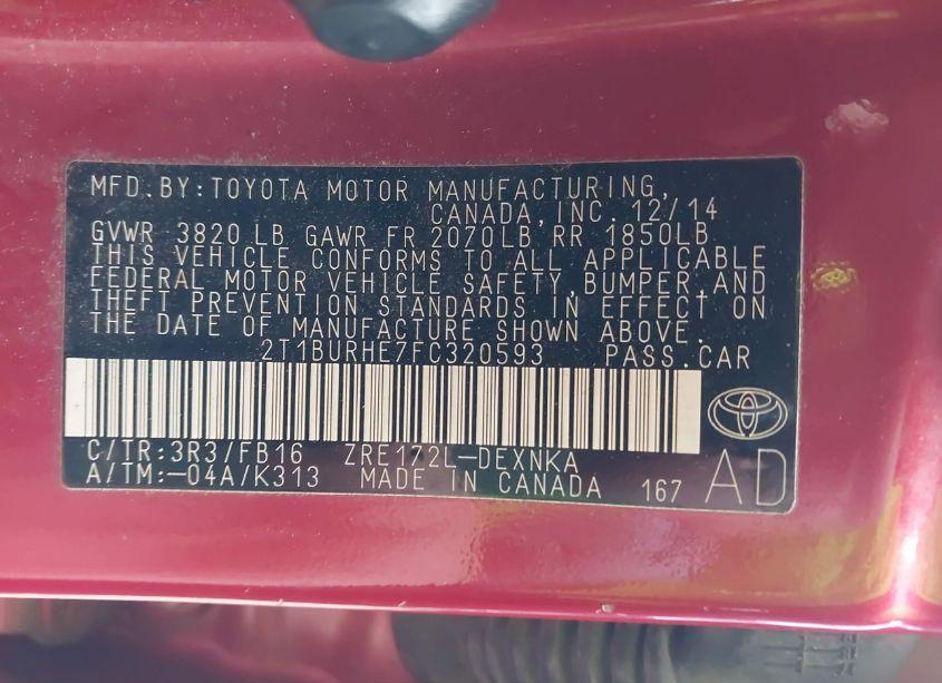 Photo 9 of 2015 Toyota Corolla LE (VIN 2T1BURHE7FC320593)